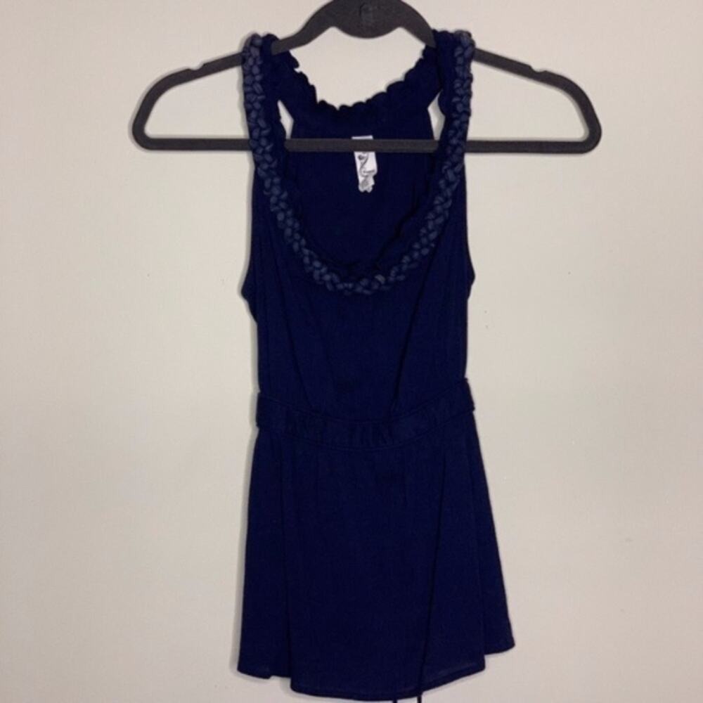 Floreat Braided Neckline Tank Top Womens Size 0 Navy Blue Boho Cotton Sleeveless